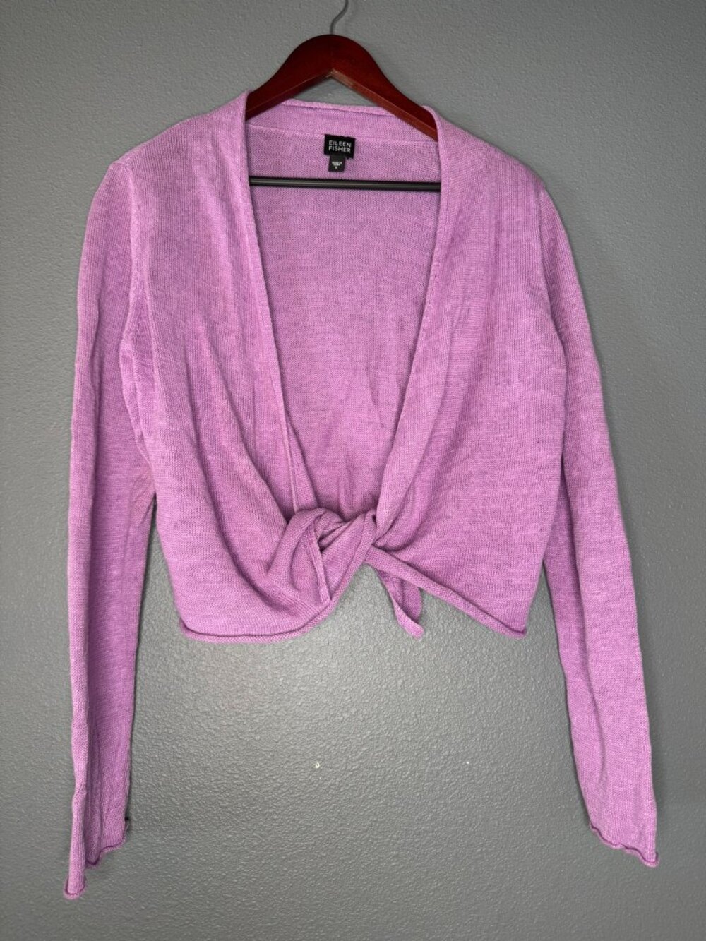 Eileen Fisher Linen Tie Front Cardigan Womens L Purple Pink Cropped Sweater